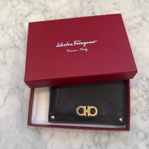 Salvatore Ferragamo Gancini Black Pebble Calf Leather Card Holder Wallet